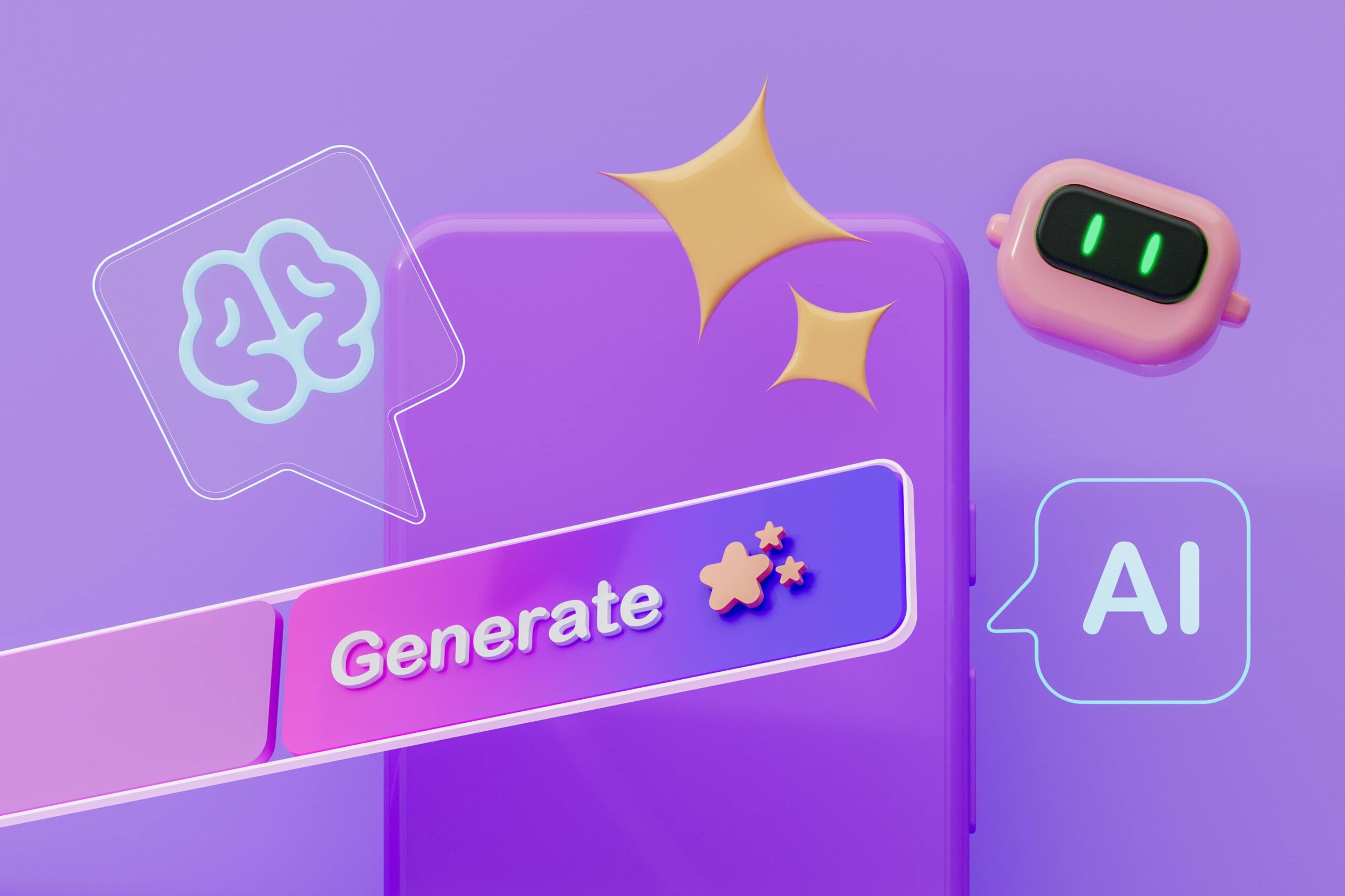 Illustrazione digitale con icone di AI, cervello stilizzato e pulsante Generate che rappresentano l’Intelligenza Artificiale generativa per l'analisi dei dati