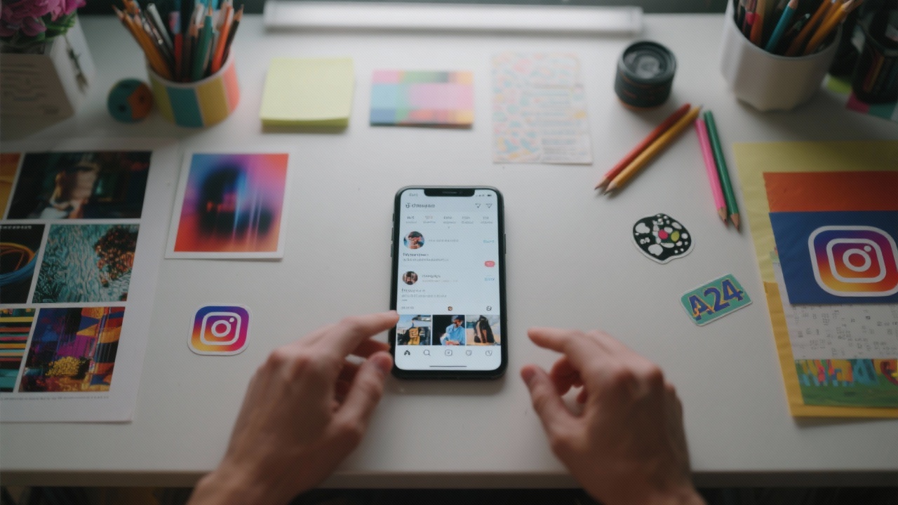 Smartphone con profilo Instagram aperto su una scrivania creativa, simbolo delle attività di social marketing
